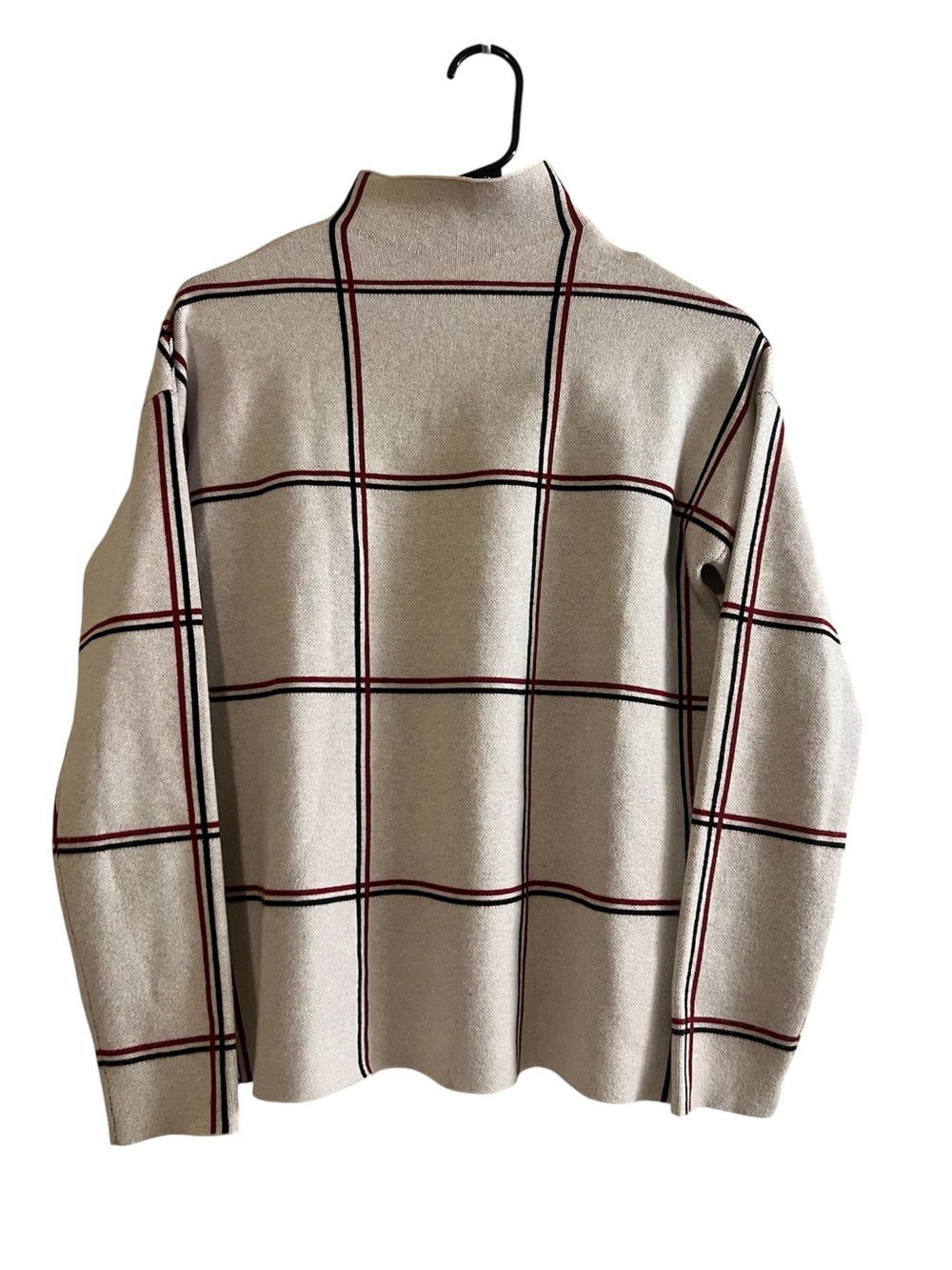Tahari Cream Turtleneck Sweater with Black and Red Windowpane - Size Small